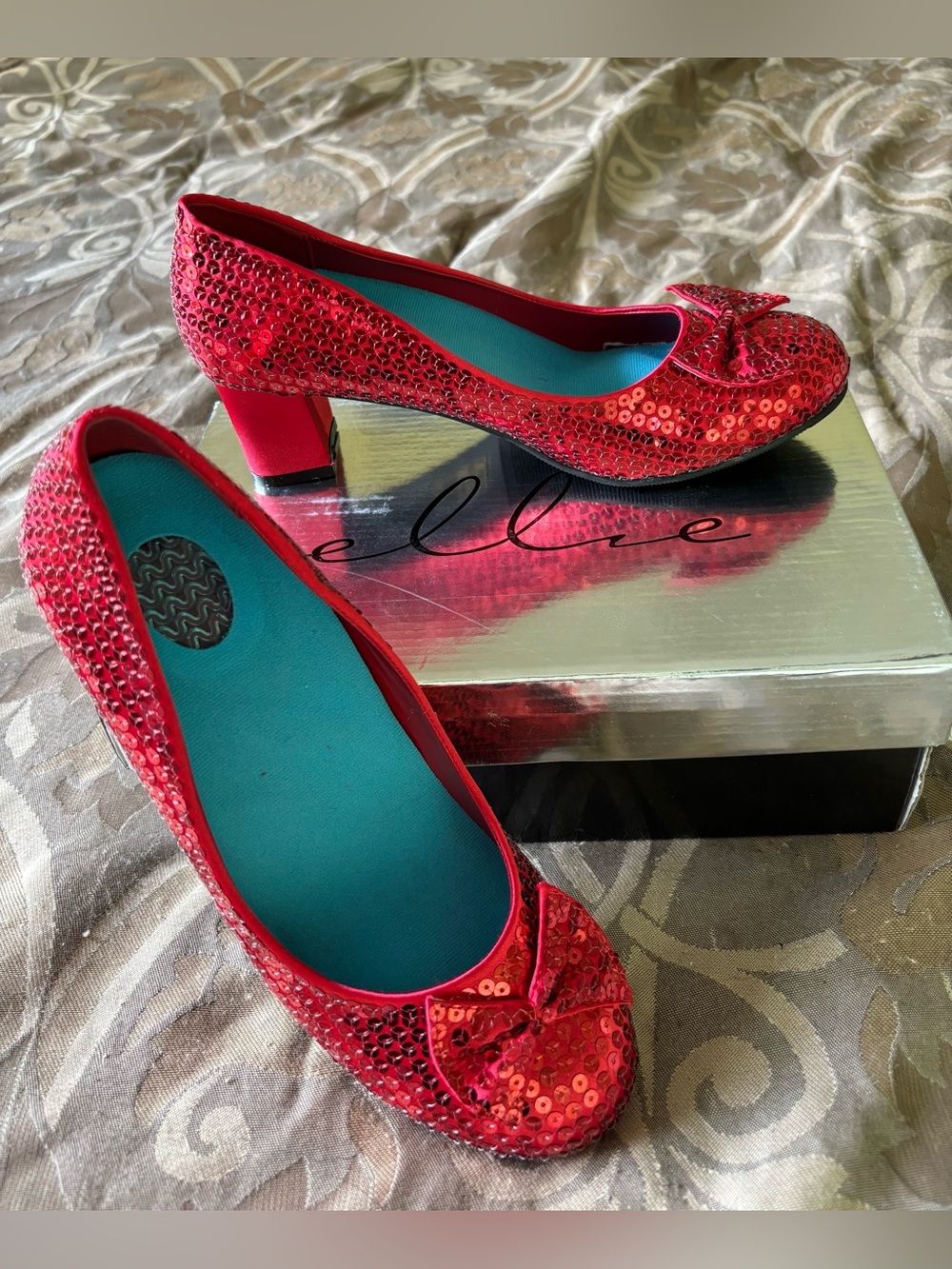Ellie Red Sequin Block Heel Pumps
